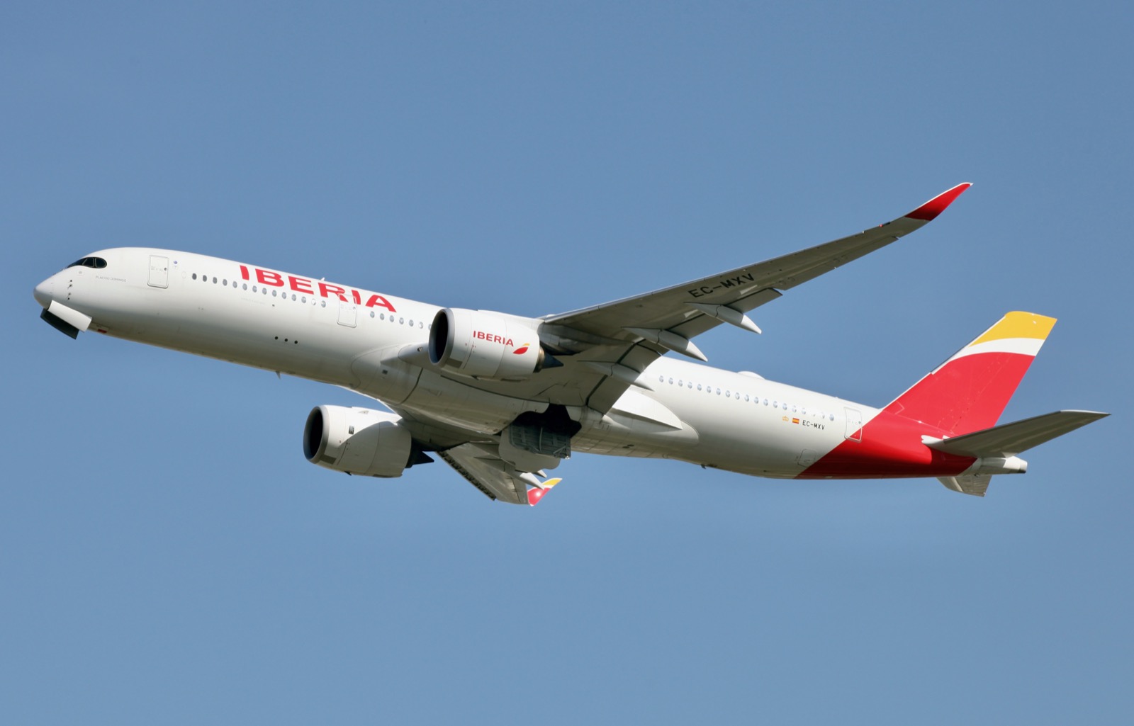 An Iberia Airbus A350-900 climbing away after takeoff