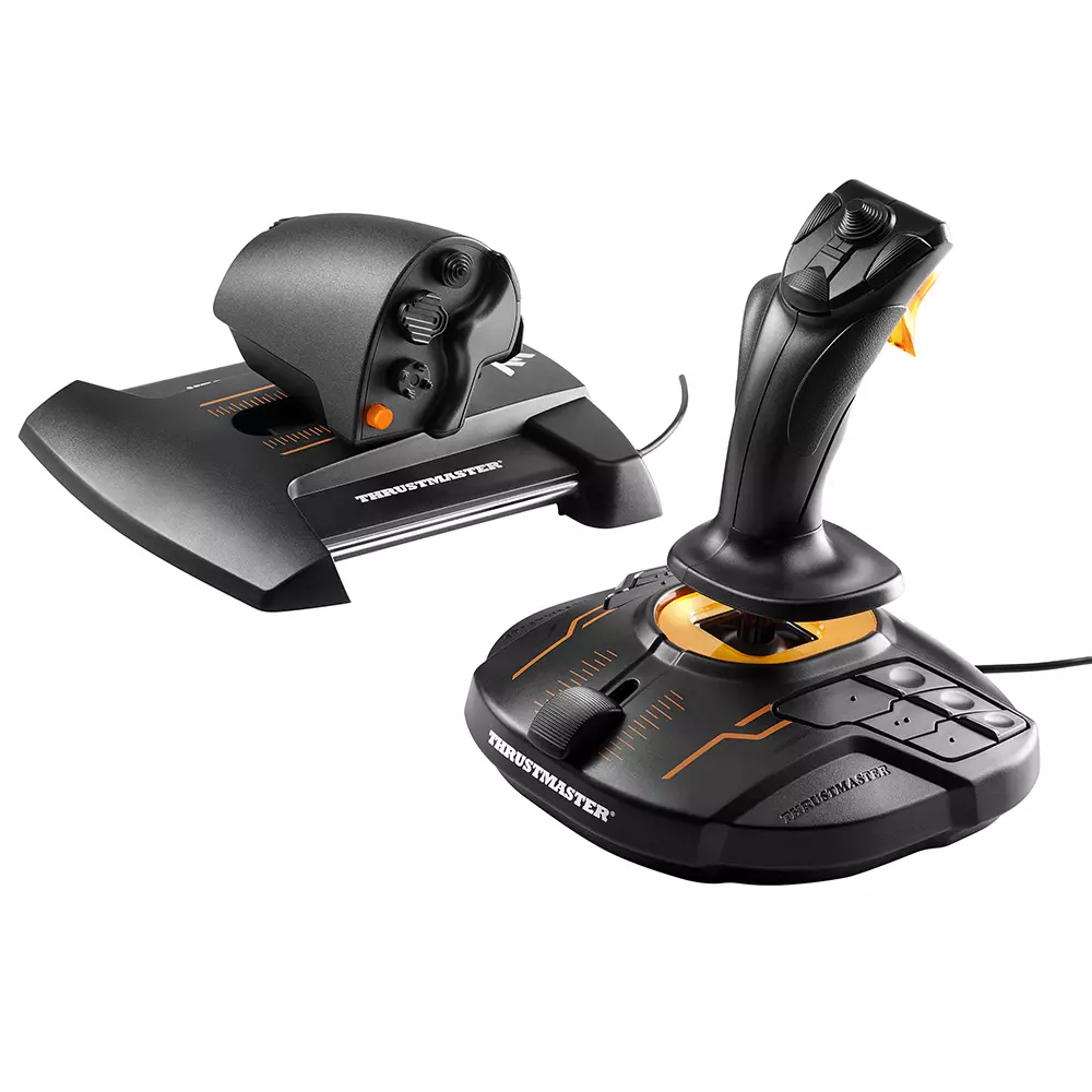 Thrustmaster T.16000M FCS HOTAS: the ambidextrous hall-effect stick beside the separate TWCS slide-rail throttle