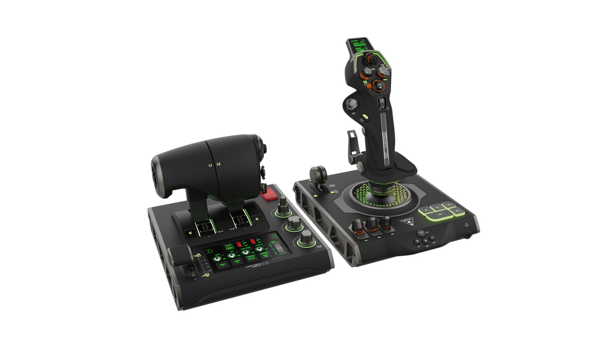 Turtle Beach VelocityOne Flightdeck, a single-unit HOTAS covered in buttons, knobs and levers with a small HUD screen on the stick
