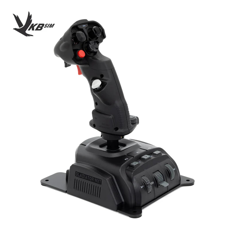 VKB Gladiator NXT EVO joystick, showing the compact all-plastic base and the grip's thumb controls